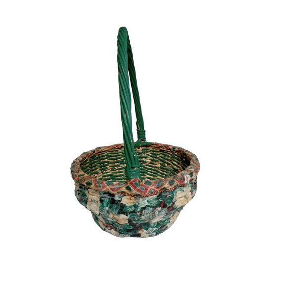 🎄🧺1980s Decoupage Wicker Basket Floral Red Green White Vintage Decor 💐 - Picture 4 of 16